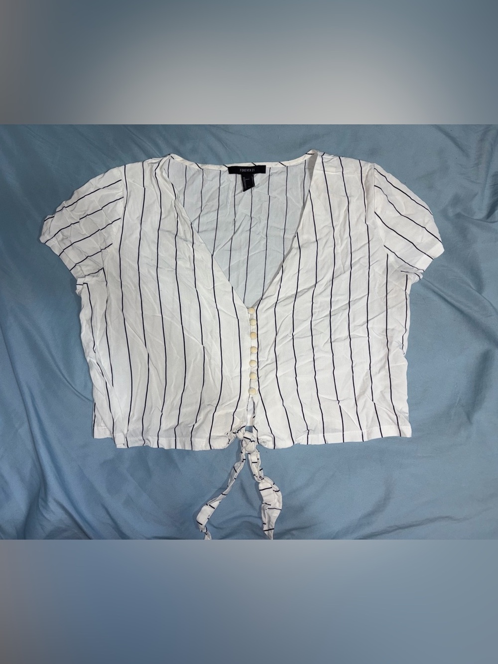 Forever 21 White Blouse with Black Pinstripes and Front Tie